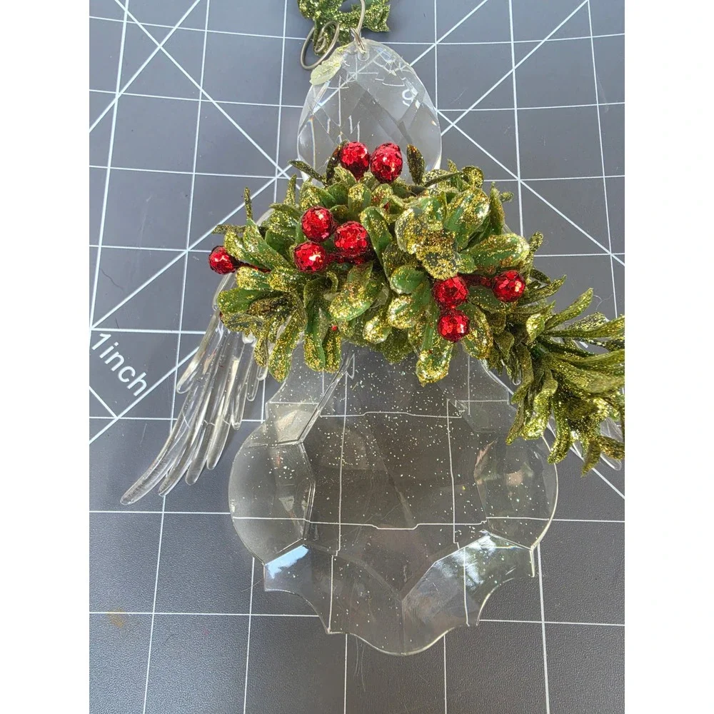 Acrylic Ganz Angel Christmas Ornament Faceted Clear Red Berries Green Glitter